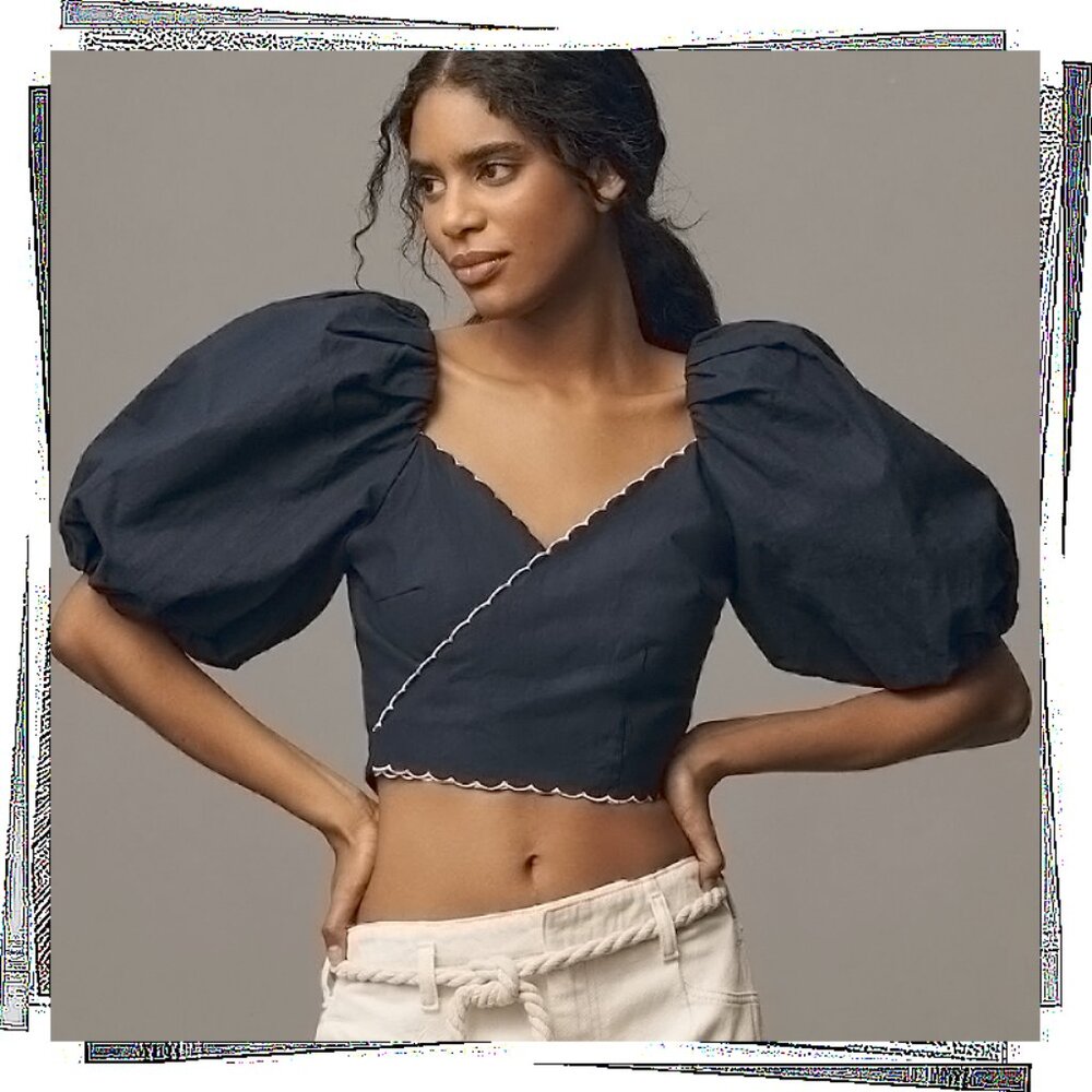 Navy Puff Sleeve Scallop Edged Linen Wrap Top (S) by Mare Mare